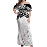 New Zealand Koru Fern Custom Off Shoulder Maxi Dress Simple Taniko Motif LT9 Women White - Polynesian Pride