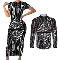New Zealand Maori Taniko Couples Matching Short Sleeve Bodycon Dress and Long Sleeve Button Shirt Black Kowhaiwhai Puhoro