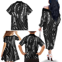 New Zealand Maori Taniko Family Matching Off The Shoulder Long Sleeve Dress and Hawaiian Shirt Black Kowhaiwhai Puhoro