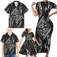 New Zealand Maori Taniko Family Matching Short Sleeve Bodycon Dress and Hawaiian Shirt Black Kowhaiwhai Puhoro
