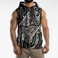 New Zealand Maori Taniko Sleeveless Zip Hoodie Black Kowhaiwhai Puhoro - Polynesian Pride