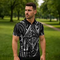New Zealand Maori Taniko Zipper Polo Shirt Black Kowhaiwhai Puhoro - Polynesian Pride