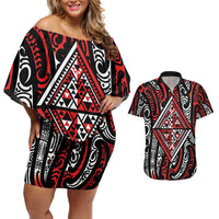 New Zealand Maori Taniko Couples Matching Off Shoulder Short Dress and Hawaiian Shirt Red Kowhaiwhai Puhoro