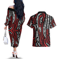 New Zealand Maori Taniko Couples Matching Off The Shoulder Long Sleeve Dress and Hawaiian Shirt Red Kowhaiwhai Puhoro