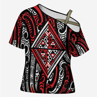 New Zealand Maori Taniko Cross Shoulder Shirt Red Kowhaiwhai Puhoro - Polynesian Pride