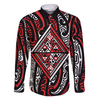 New Zealand Maori Taniko Family Matching Off The Shoulder Long Sleeve Dress and Hawaiian Shirt Red Kowhaiwhai Puhoro LT9 Dad's Shirt - Long Sleeve Red - Polynesian Pride