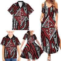 New Zealand Maori Taniko Family Matching Summer Maxi Dress and Hawaiian Shirt Red Kowhaiwhai Puhoro