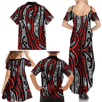 New Zealand Maori Taniko Family Matching Summer Maxi Dress and Hawaiian Shirt Red Kowhaiwhai Puhoro