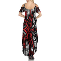 New Zealand Maori Taniko Family Matching Summer Maxi Dress and Hawaiian Shirt Red Kowhaiwhai Puhoro