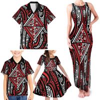 New Zealand Maori Taniko Family Matching Tank Maxi Dress and Hawaiian Shirt Red Kowhaiwhai Puhoro