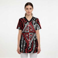 New Zealand Maori Taniko Scrub Top Red Kowhaiwhai Puhoro - Polynesian Pride
