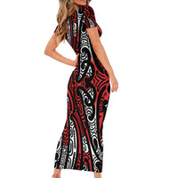 New Zealand Maori Taniko Short Sleeve Bodycon Dress Red Kowhaiwhai Puhoro