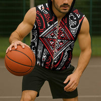 New Zealand Maori Taniko Sleeveless Zip Hoodie Red Kowhaiwhai Puhoro LT9 - Polynesian Pride
