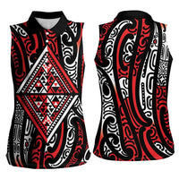 New Zealand Maori Taniko Women Sleeveless Polo Shirt Red Kowhaiwhai Puhoro