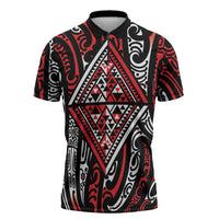New Zealand Maori Taniko Zipper Polo Shirt Red Kowhaiwhai Puhoro - Polynesian Pride