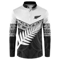 New Zealand Silver Fern Button Sweatshirt Maori Koru Mixed Taniko Pattern LT9 White - Polynesian Pride