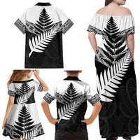 New Zealand Silver Fern Family Matching Off Shoulder Maxi Dress and Hawaiian Shirt Maori Koru Mixed Taniko Pattern