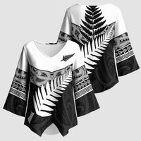 New Zealand Silver Fern Kimono Sleeve Blouse Maori Koru Mixed Taniko Pattern - Polynesian Pride