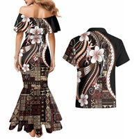 Samoa Siapo Tribal Pattern Couples Matching Mermaid Dress and Hawaiian Shirt Brown Polynesian Plumeria Tapa Motif LT9 - Polynesian Pride