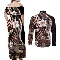 Samoa Siapo Tribal Pattern Couples Matching Off Shoulder Maxi Dress and Long Sleeve Button Shirt Brown Polynesian Plumeria Tapa Motif LT9 - Polynesian Pride