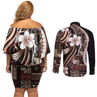 Samoa Siapo Tribal Pattern Couples Matching Off Shoulder Short Dress and Long Sleeve Button Shirt Brown Polynesian Plumeria Tapa Motif LT9 - Polynesian Pride