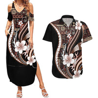 Samoa Siapo Tribal Pattern Couples Matching Summer Maxi Dress and Hawaiian Shirt Brown Polynesian Plumeria Tapa Motif LT9 Brown - Polynesian Pride