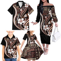 Samoa Siapo Tribal Pattern Family Matching Off The Shoulder Long Sleeve Dress and Hawaiian Shirt Brown Polynesian Plumeria Tapa Motif LT9 - Polynesian Pride