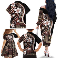Samoa Siapo Tribal Pattern Family Matching Off The Shoulder Long Sleeve Dress and Hawaiian Shirt Brown Polynesian Plumeria Tapa Motif LT9 - Polynesian Pride