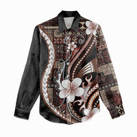 Samoa Siapo Tribal Pattern Women Casual Shirt Brown Polynesian Plumeria Tapa Motif