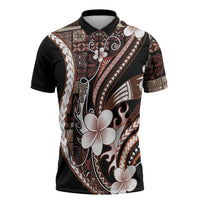 Samoa Siapo Tribal Pattern Zipper Polo Shirt Brown Polynesian Plumeria Tapa Motif