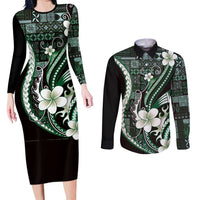 Samoa Siapo Tribal Pattern Couples Matching Long Sleeve Bodycon Dress and Long Sleeve Button Shirt Forest Green Polynesian Plumeria Tapa Motif LT9 Green - Polynesian Pride