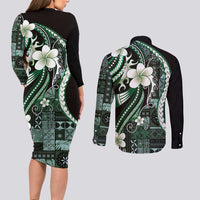 Samoa Siapo Tribal Pattern Couples Matching Long Sleeve Bodycon Dress and Long Sleeve Button Shirt Forest Green Polynesian Plumeria Tapa Motif LT9 - Polynesian Pride