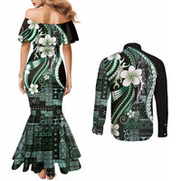 Samoa Siapo Tribal Pattern Couples Matching Mermaid Dress and Long Sleeve Button Shirt Forest Green Polynesian Plumeria Tapa Motif LT9 - Polynesian Pride