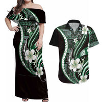 Samoa Siapo Tribal Pattern Couples Matching Off Shoulder Maxi Dress and Hawaiian Shirt Forest Green Polynesian Plumeria Tapa Motif LT9 Green - Polynesian Pride