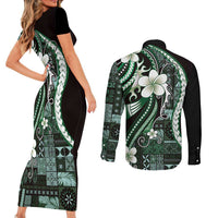 Samoa Siapo Tribal Pattern Couples Matching Short Sleeve Bodycon Dress and Long Sleeve Button Shirt Forest Green Polynesian Plumeria Tapa Motif LT9 - Polynesian Pride