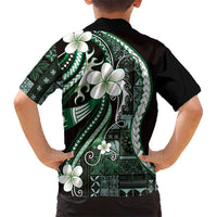 Samoa Siapo Tribal Pattern Family Matching Off Shoulder Short Dress and Hawaiian Shirt Forest Green Polynesian Plumeria Tapa Motif