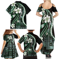 Samoa Siapo Tribal Pattern Family Matching Summer Maxi Dress and Hawaiian Shirt Forest Green Polynesian Plumeria Tapa Motif
