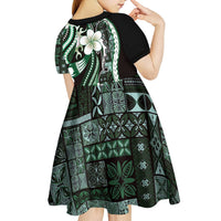 Samoa Siapo Tribal Pattern Kid Short Sleeve Dress Forest Green Polynesian Plumeria Tapa Motif