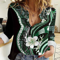 Samoa Siapo Tribal Pattern Women Casual Shirt Forest Green Polynesian Plumeria Tapa Motif LT9 Female Green - Polynesian Pride
