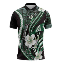 Samoa Siapo Tribal Pattern Zipper Polo Shirt Forest Green Polynesian Plumeria Tapa Motif