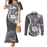 Samoa Siapo Tribal Pattern Couples Matching Mermaid Dress and Long Sleeve Button Shirt Light Gray Polynesian Plumeria Tapa Motif LT9 Gray - Polynesian Pride