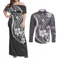 Samoa Siapo Tribal Pattern Couples Matching Off Shoulder Maxi Dress and Long Sleeve Button Shirt Light Gray Polynesian Plumeria Tapa Motif LT9 Gray - Polynesian Pride