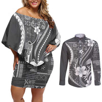 Samoa Siapo Tribal Pattern Couples Matching Off Shoulder Short Dress and Long Sleeve Button Shirt Light Gray Polynesian Plumeria Tapa Motif LT9 Gray - Polynesian Pride