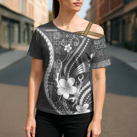 Samoa Siapo Tribal Pattern Cross Shoulder Shirt Light Gray Polynesian Plumeria Tapa Motif