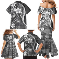 Samoa Siapo Tribal Pattern Family Matching Mermaid Dress and Hawaiian Shirt Light Gray Polynesian Plumeria Tapa Motif LT9 - Polynesian Pride