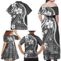 Samoa Siapo Tribal Pattern Family Matching Off Shoulder Maxi Dress and Hawaiian Shirt Light Gray Polynesian Plumeria Tapa Motif
