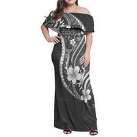 Samoa Siapo Tribal Pattern Family Matching Off Shoulder Maxi Dress and Hawaiian Shirt Light Gray Polynesian Plumeria Tapa Motif