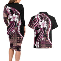 Samoa Siapo Tribal Pattern Couples Matching Long Sleeve Bodycon Dress and Hawaiian Shirt Violet Polynesian Plumeria Tapa Motif LT9 - Polynesian Pride