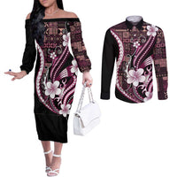 Samoa Siapo Tribal Pattern Couples Matching Off The Shoulder Long Sleeve Dress and Long Sleeve Button Shirt Violet Polynesian Plumeria Tapa Motif LT9 Violet - Polynesian Pride