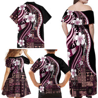 Samoa Siapo Tribal Pattern Family Matching Off Shoulder Maxi Dress and Hawaiian Shirt Violet Polynesian Plumeria Tapa Motif